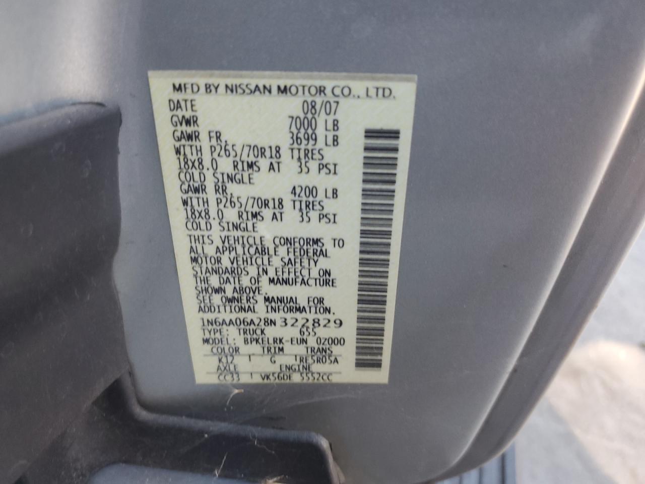 Lot #3283770444 2008 NISSAN TITAN XE
