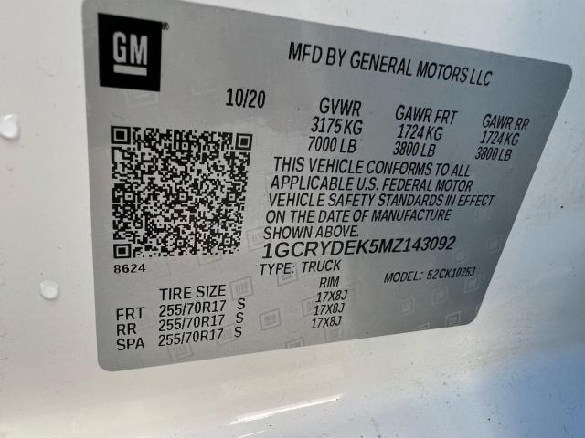 2021 CHEVROLET SILVERADO 1GCRYDEK5MZ143092