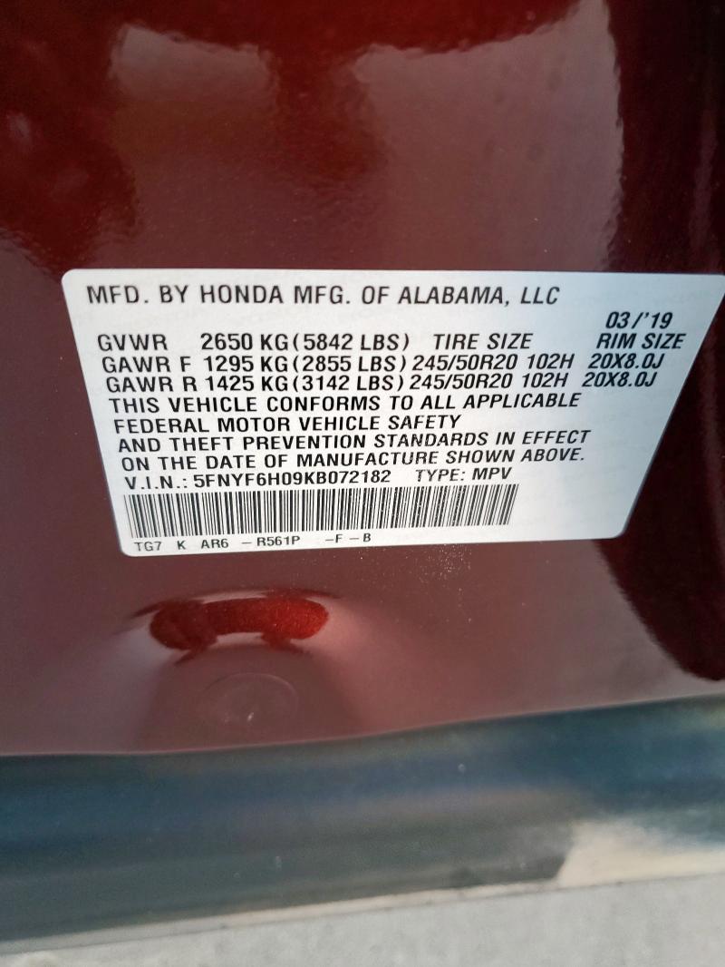 2019 HONDA PILOT ELIT 5FNYF6H09KB072182