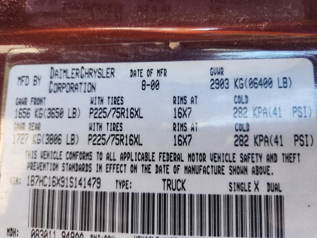 Lot #3290639795 2001 DODGE RAM 1500