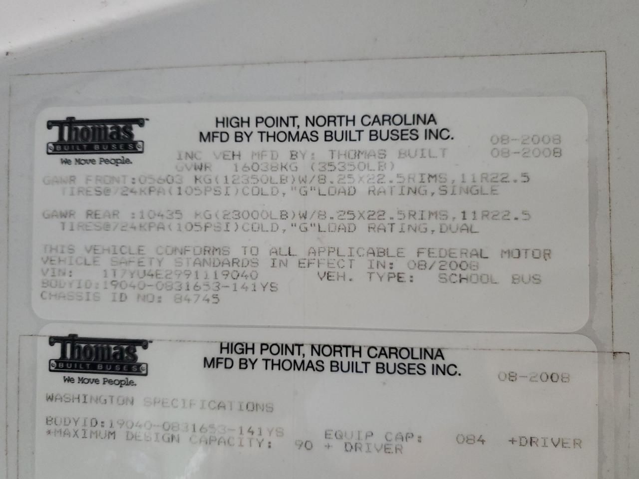 Lot #3256344375 2009 THOMAS SAF-T-LINER HDX