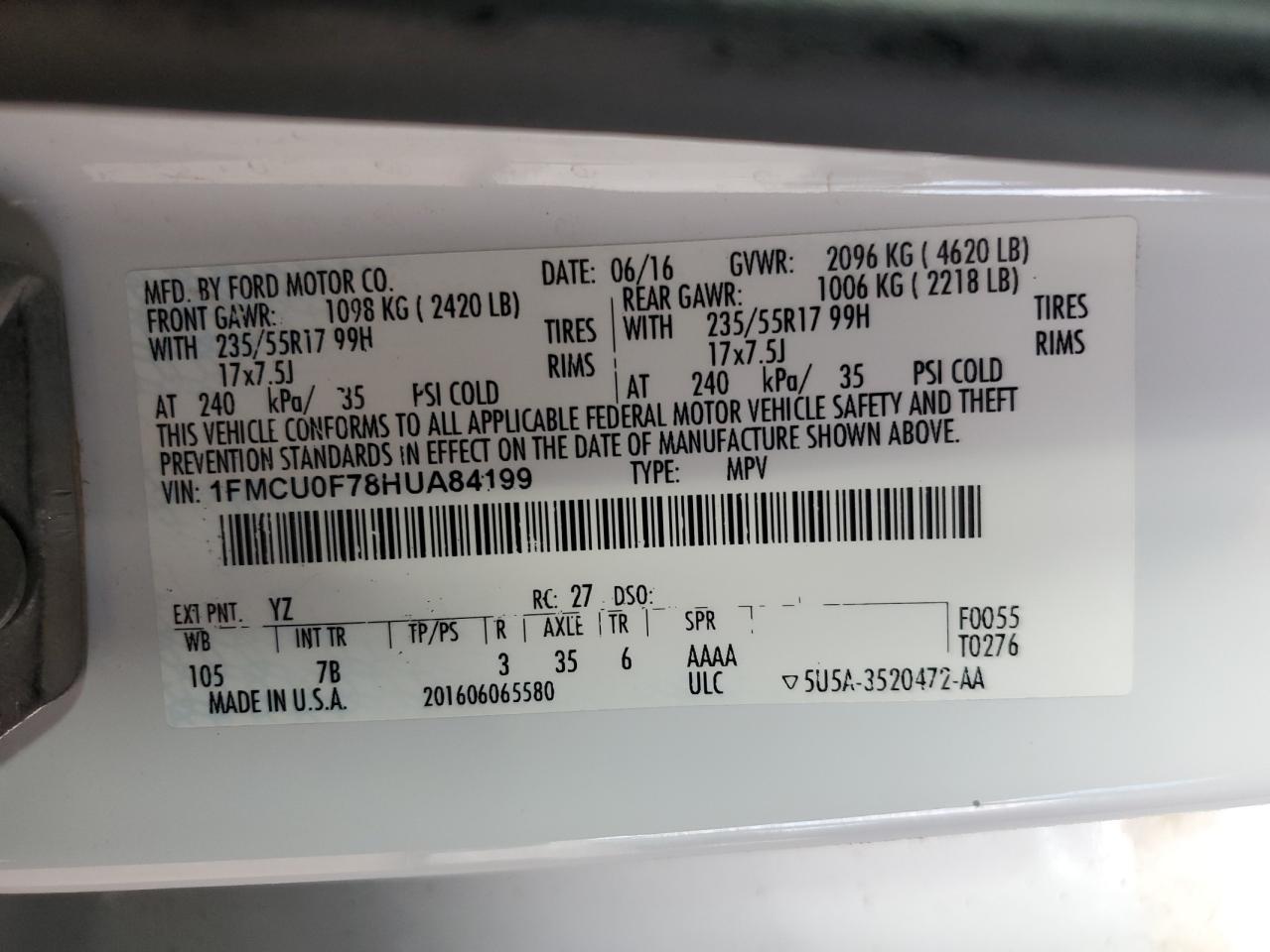 Lot #3317060010 2017 FORD ESCAPE S