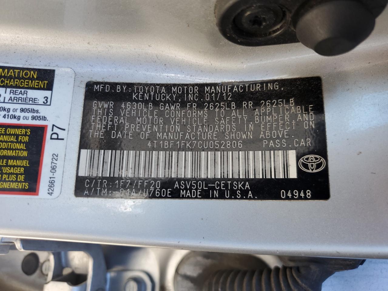 Lot #3285728653 2012 TOYOTA CAMRY BASE