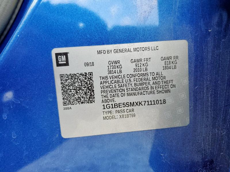 2019 CHEVROLET CRUZE LT 1G1BE5SMXK7111018