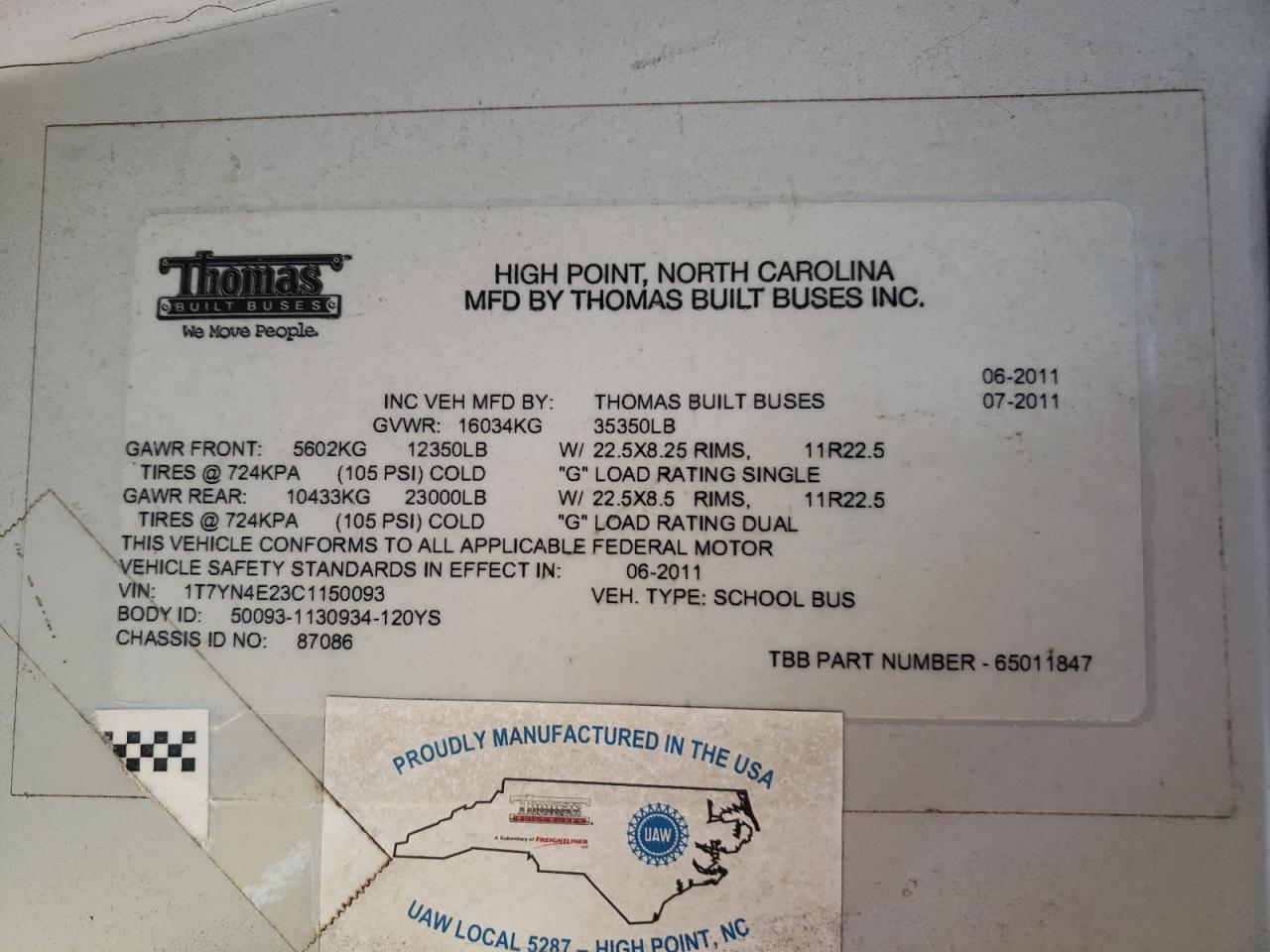 Lot #3278639960 2012 THOMAS SAF-T-LINER HDX