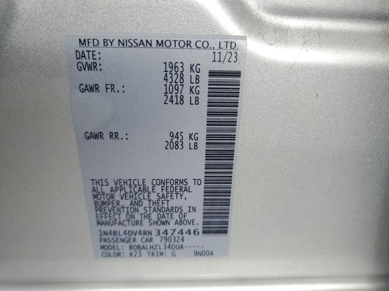 Lot #3302830898 2024 NISSAN ALTIMA SV