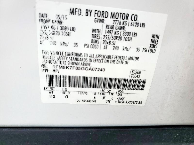 2016 FORD EXPLORER L 1FM5K7F85GGA07240