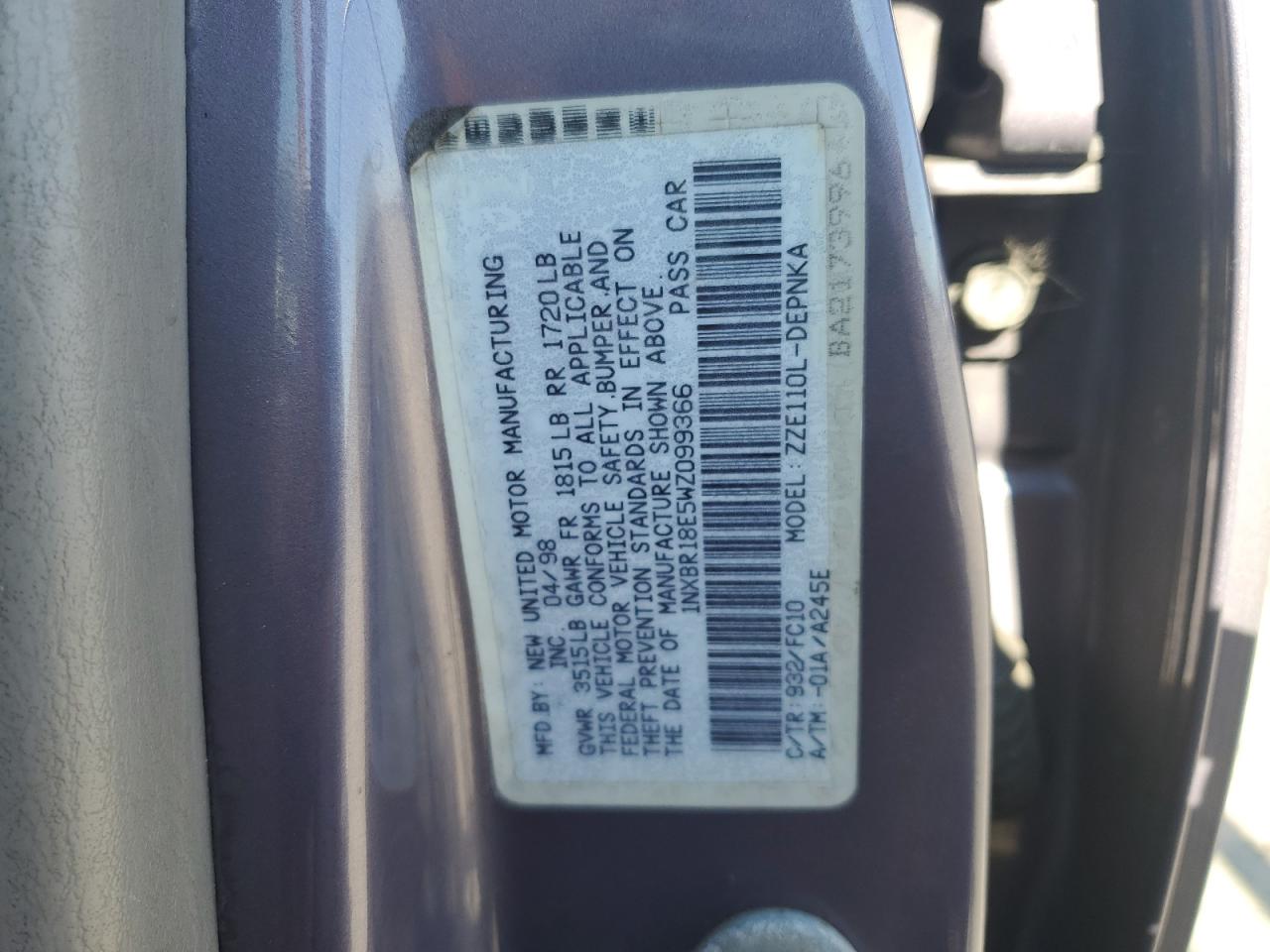 Lot #3305442171 1998 TOYOTA COROLLA VE
