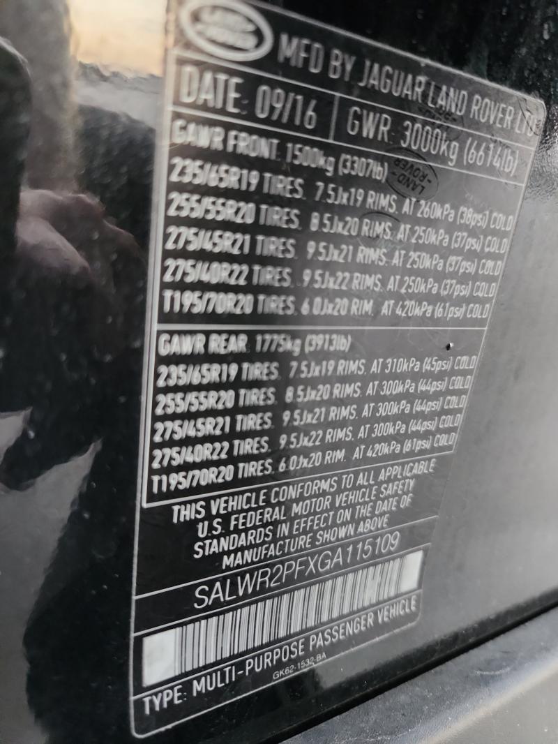 2016 LAND ROVER RANGE ROVE SALWR2PFXGA115109