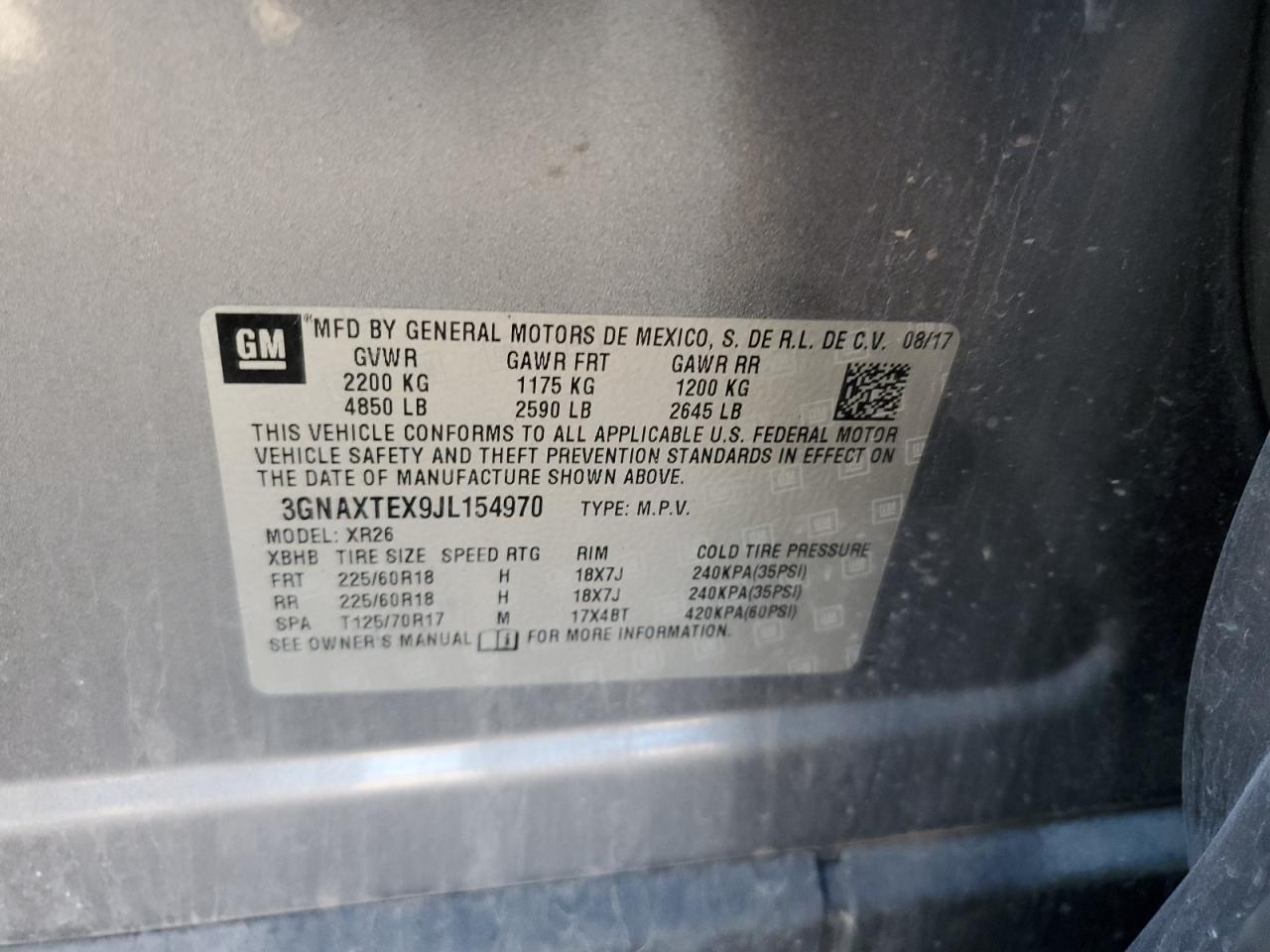 Lot #3302734002 2018 CHEVROLET EQUINOX LT