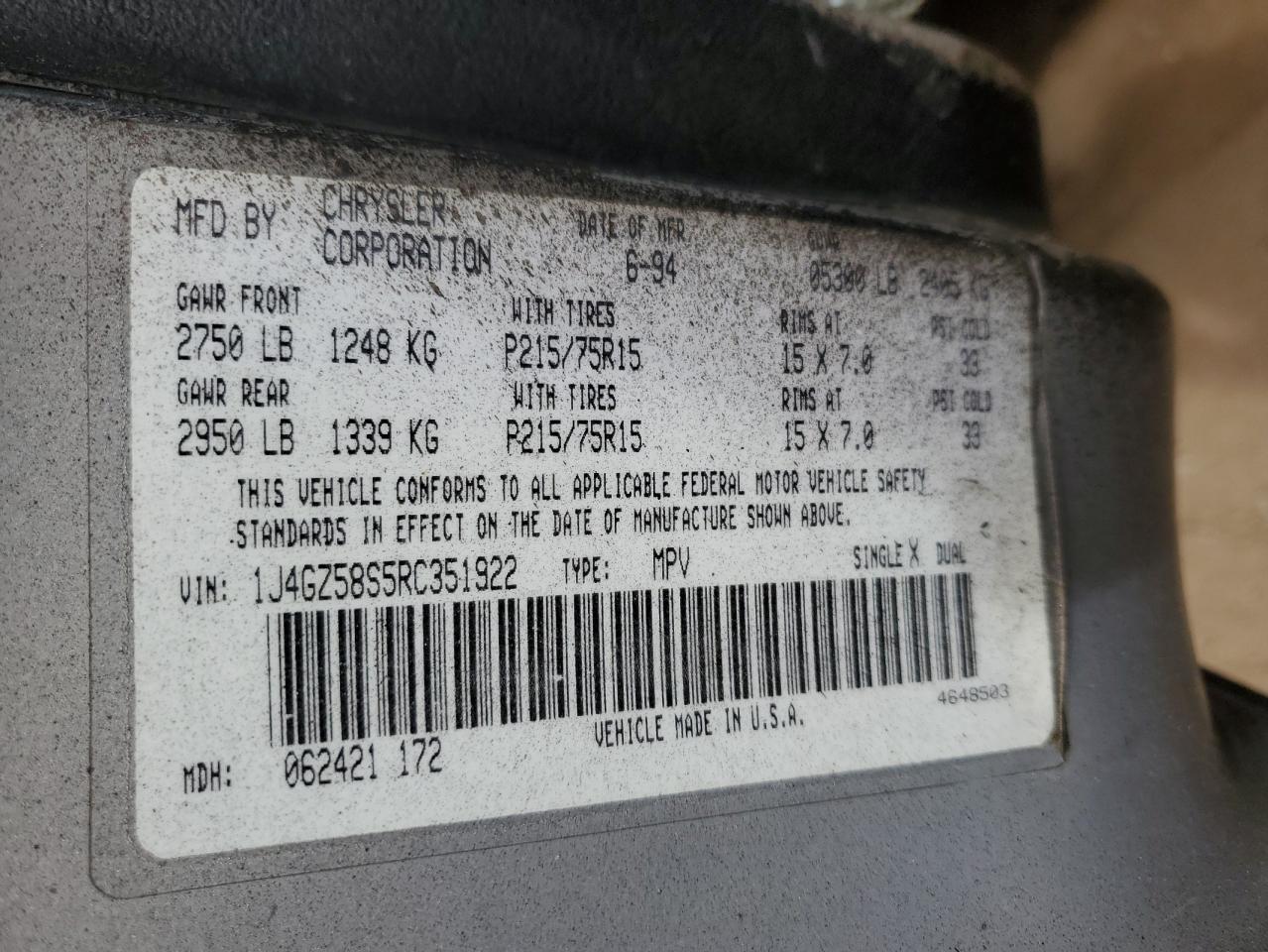 Lot #3264776514 1994 JEEP GRAND CHER