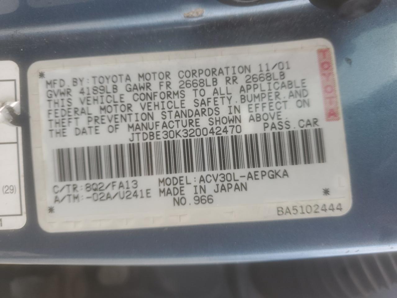 Lot #3276970221 2002 TOYOTA CAMRY LE