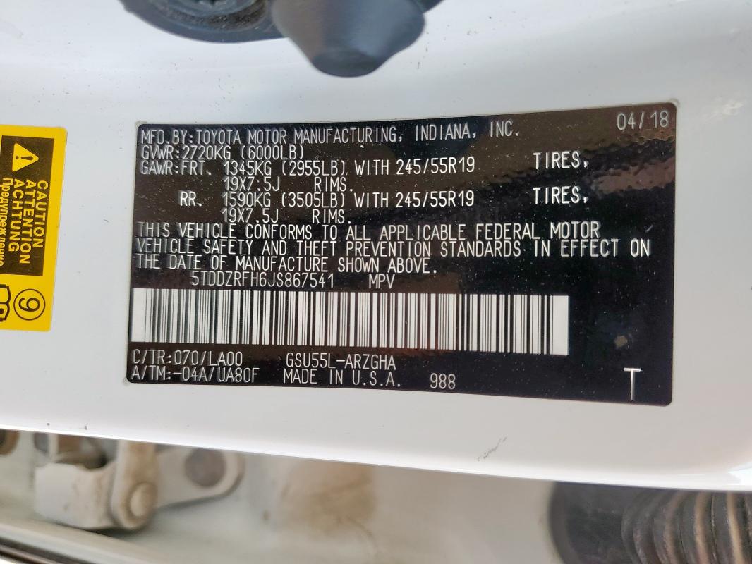 2018 TOYOTA HIGHLANDER LIMITED 5TDDZRFH6JS867541