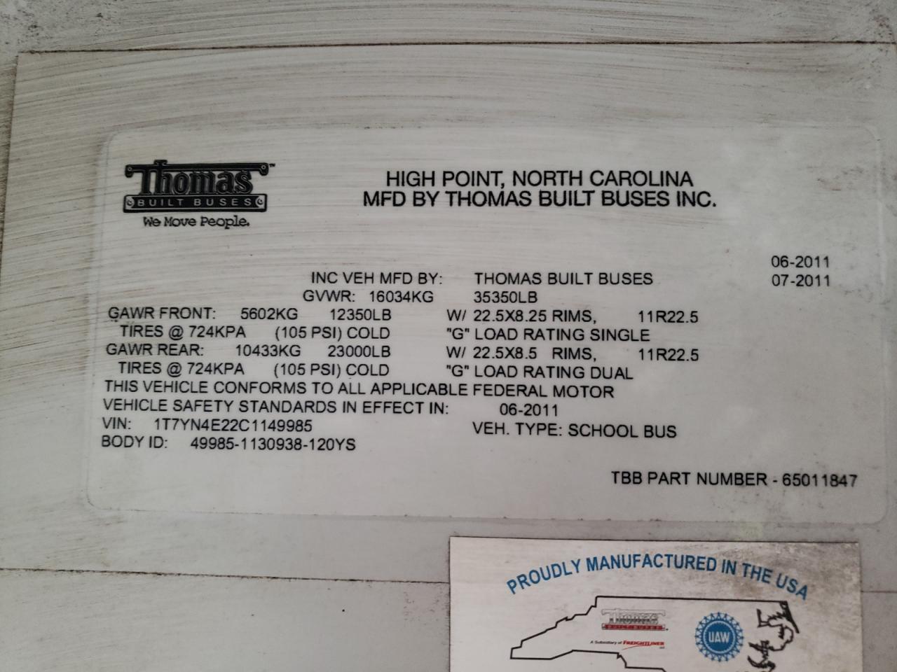 Lot #3274126467 2012 THOMAS SAF-T-LINER HDX