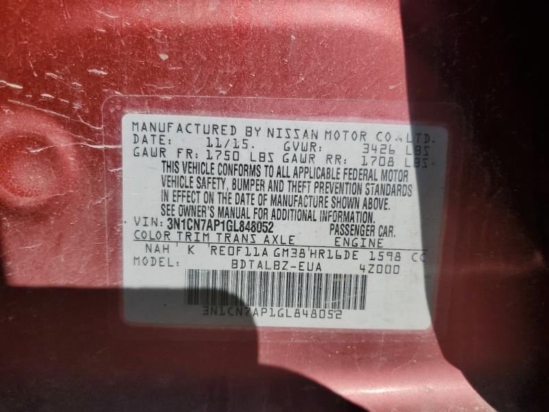 2016 NISSAN VERSA S 3N1CN7AP1GL848052