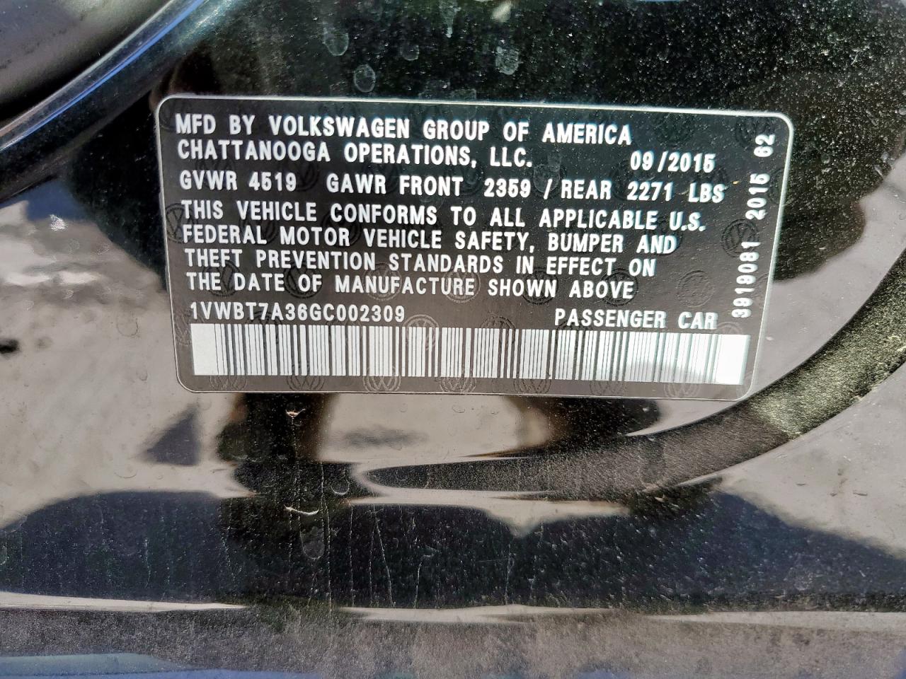 Lot #3318097375 2016 VOLKSWAGEN PASSAT SE