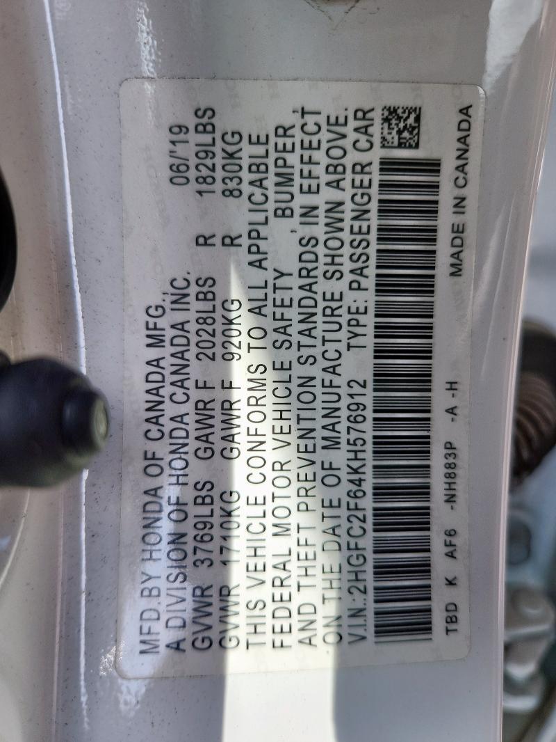 2019 HONDA CIVIC - 2HGFC2F64KH576912