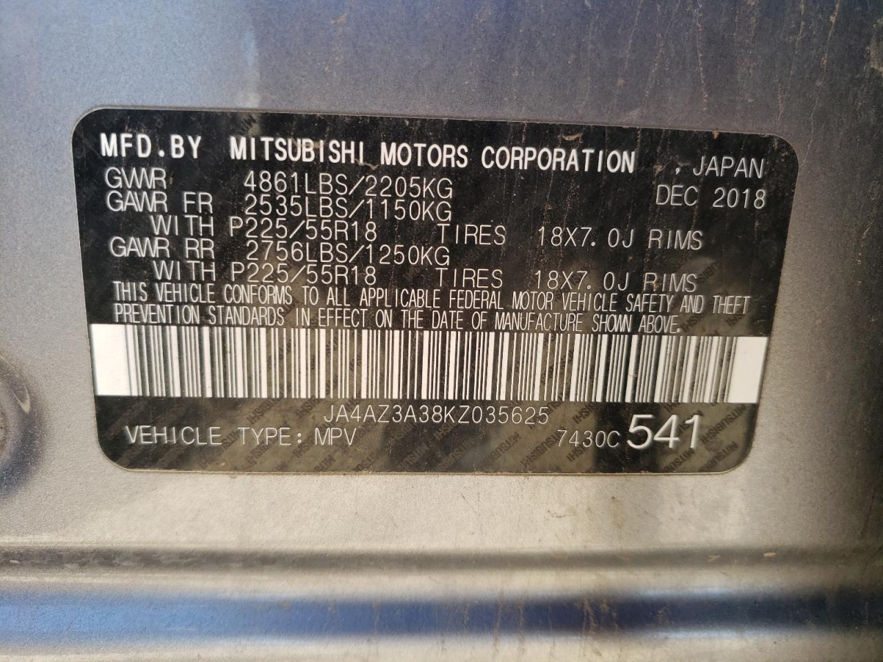 JA4AZ3A38KZ035625 2019 Mitsubishi Outlander Se