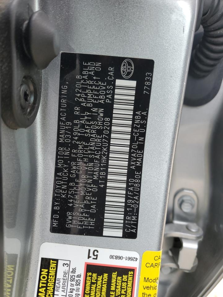 4T1B11HK2KU770208 TOYOTA CAMRY 2019