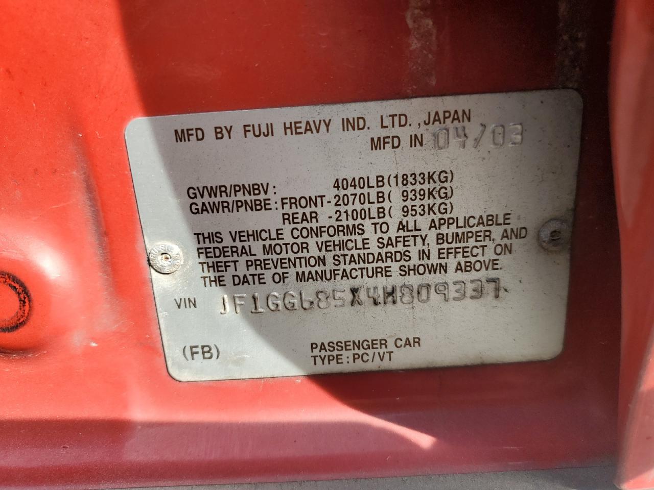 jf1gg685x4h809337 JF1GG685X4H809337 2004 Subaru Impreza Outback Sport