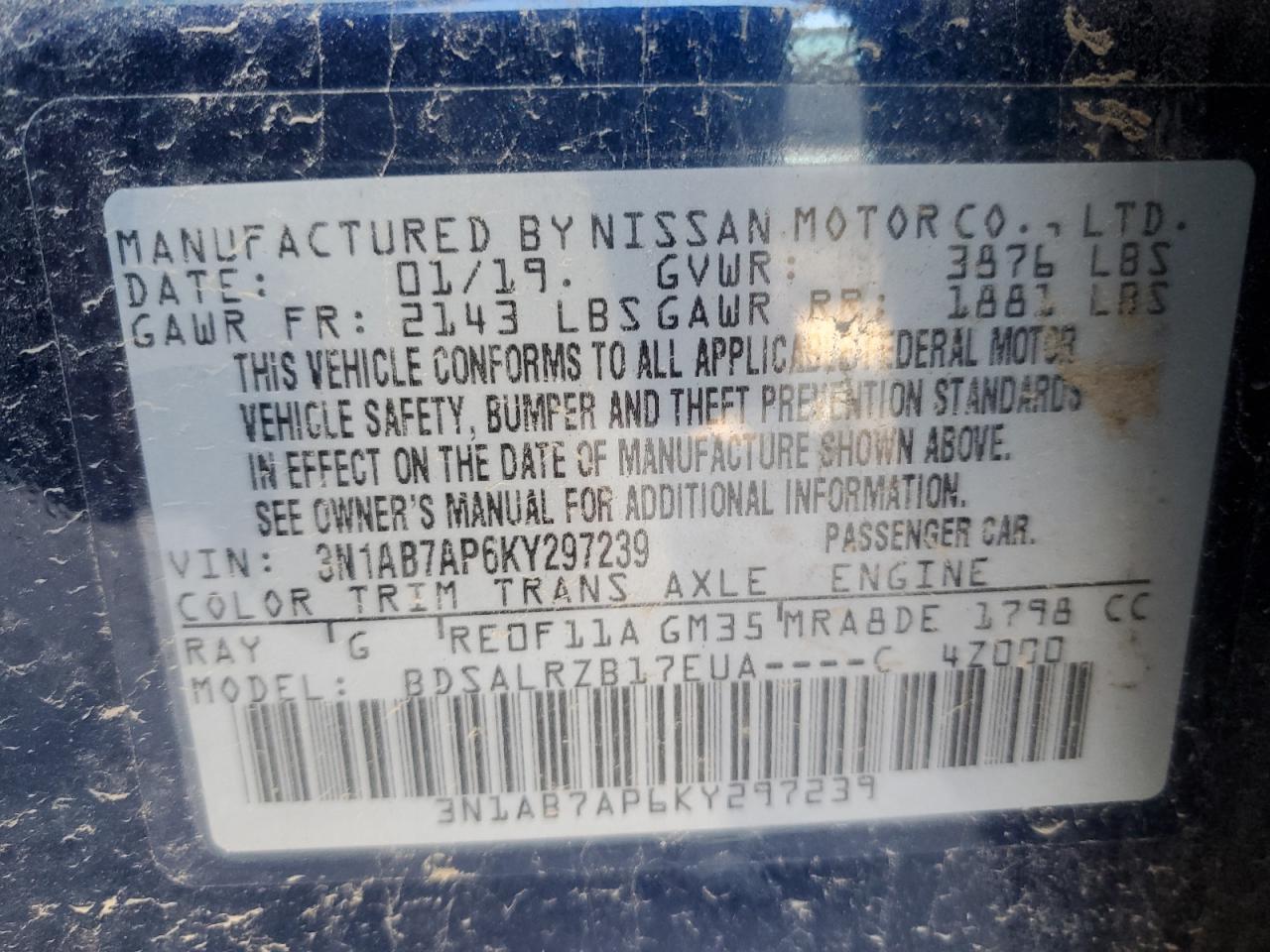 3N1AB7AP6KY297239 NISSAN SENTRA 2019