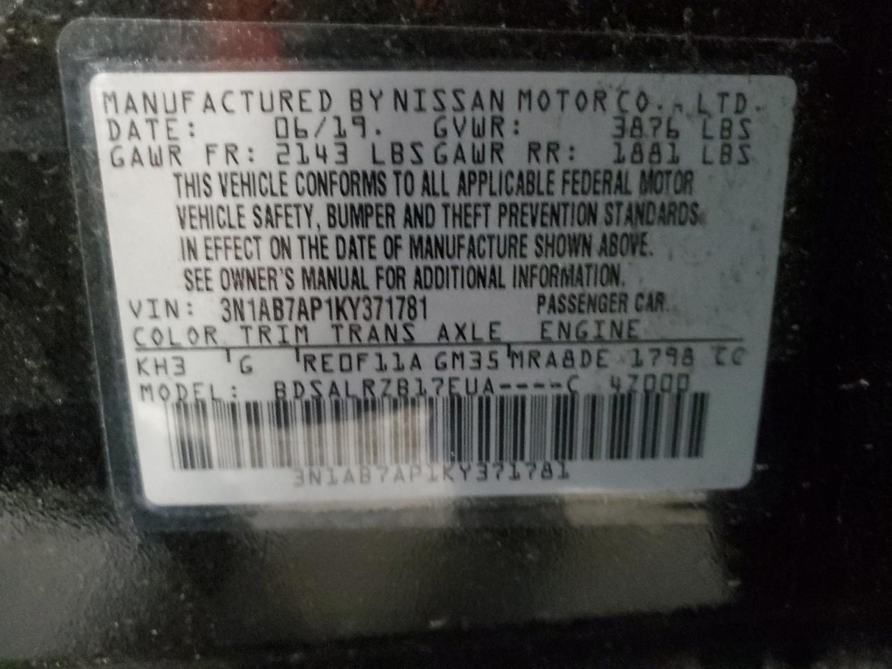 3N1AB7AP1KY371781 NISSAN SENTRA 2019