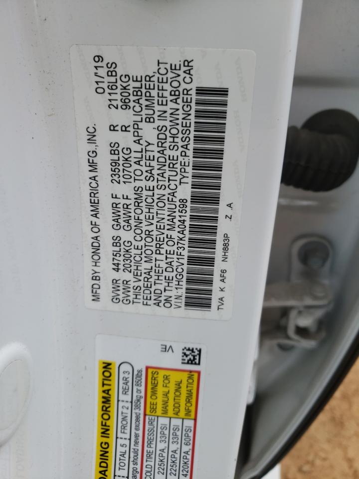 1HGCV1F37KA041598 HONDA ACCORD 2019