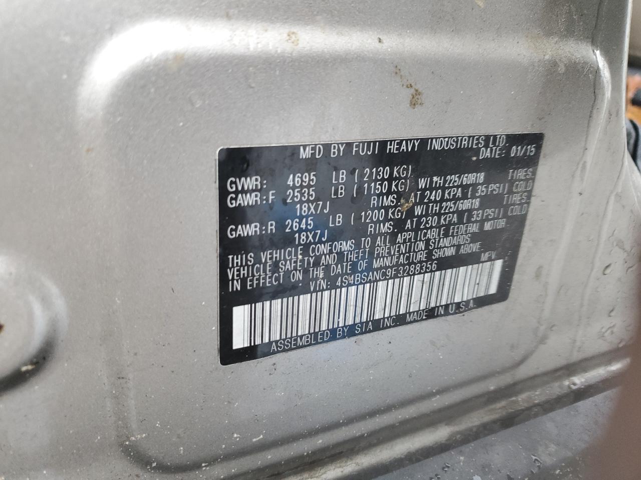 4S4BSANC9F3288356 2015 Subaru Outback 2.5I Limited