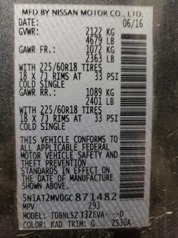 5N1AT2MV0GC871482 NISSAN ROGUE 2016