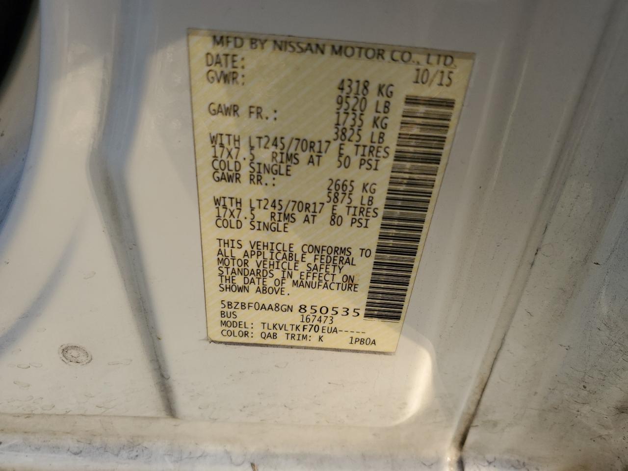5BZBF0AA8GN850535 NISSAN NV 2016