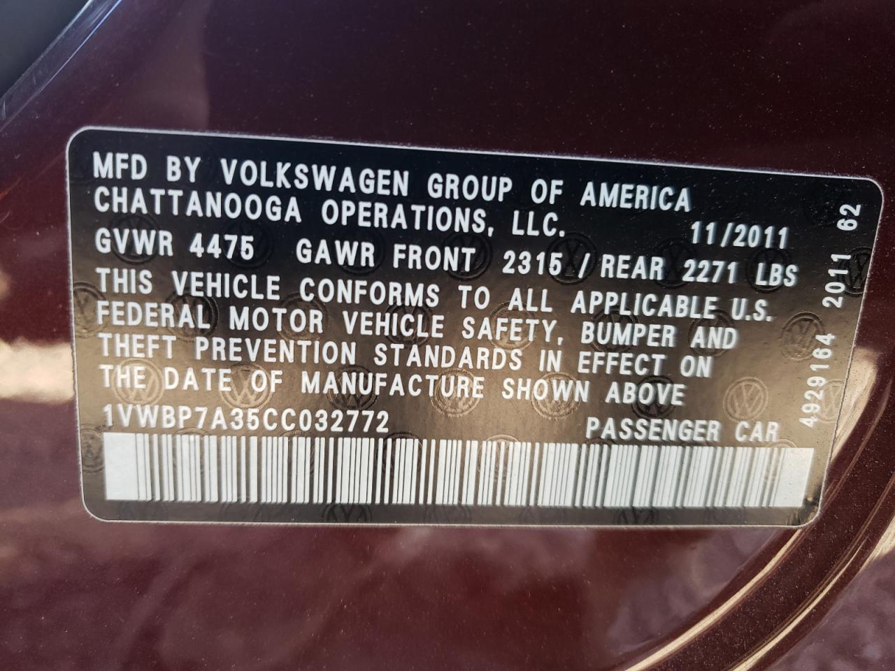 2012 Volkswagen Passat Se vin: 1VWBP7A35CC032772