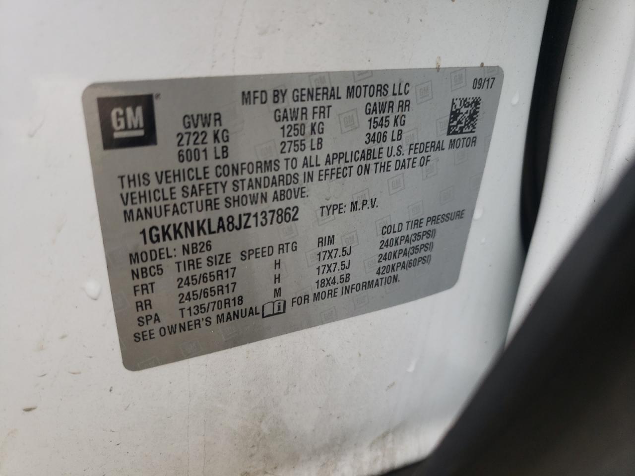 1GKKNKLA8JZ137862 2018 GMC Acadia Sle