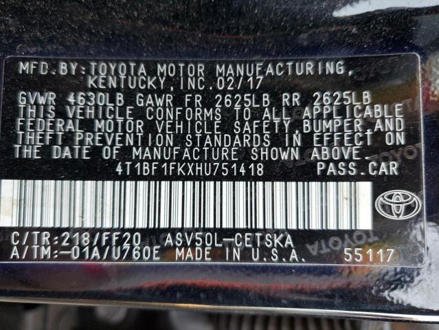 4T1BF1FKXHU751418 | 2017 TOYOTA CAMRY LE