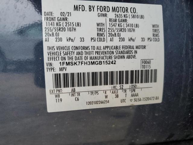 2021 Ford Explorer Limited VIN: 1FMSK7FH3MGB15242 Lot: 40853748