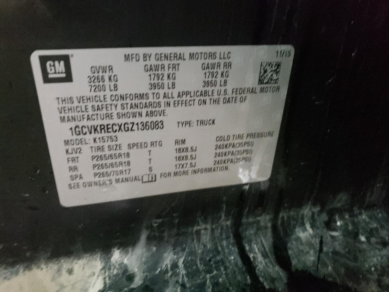1GCVKRECXGZ136083 CHEVROLET SILVERADO 2016
