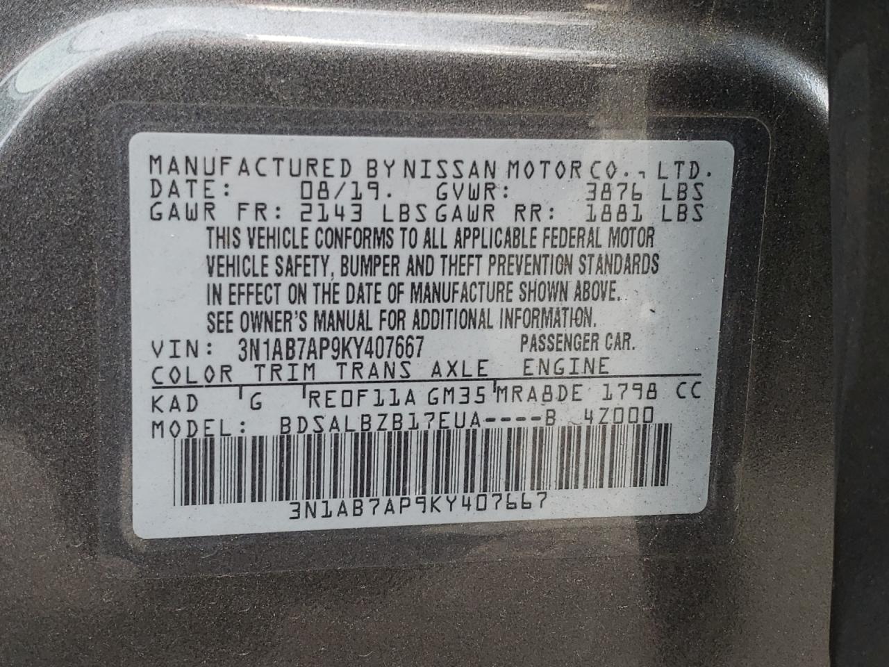 3N1AB7AP9KY407667 NISSAN SENTRA 2019