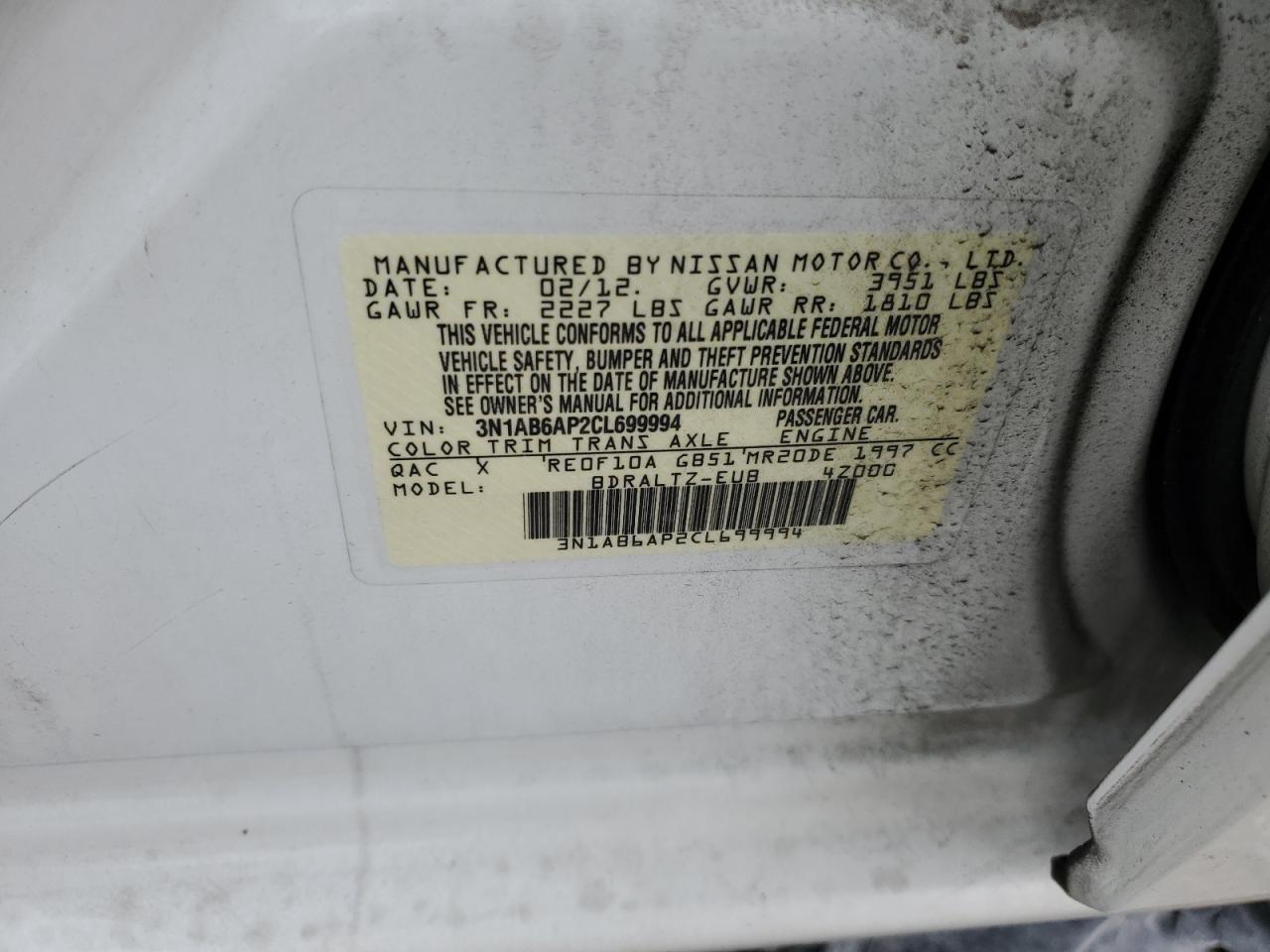 3N1AB6AP2CL699994 2012 Nissan Sentra 2.0