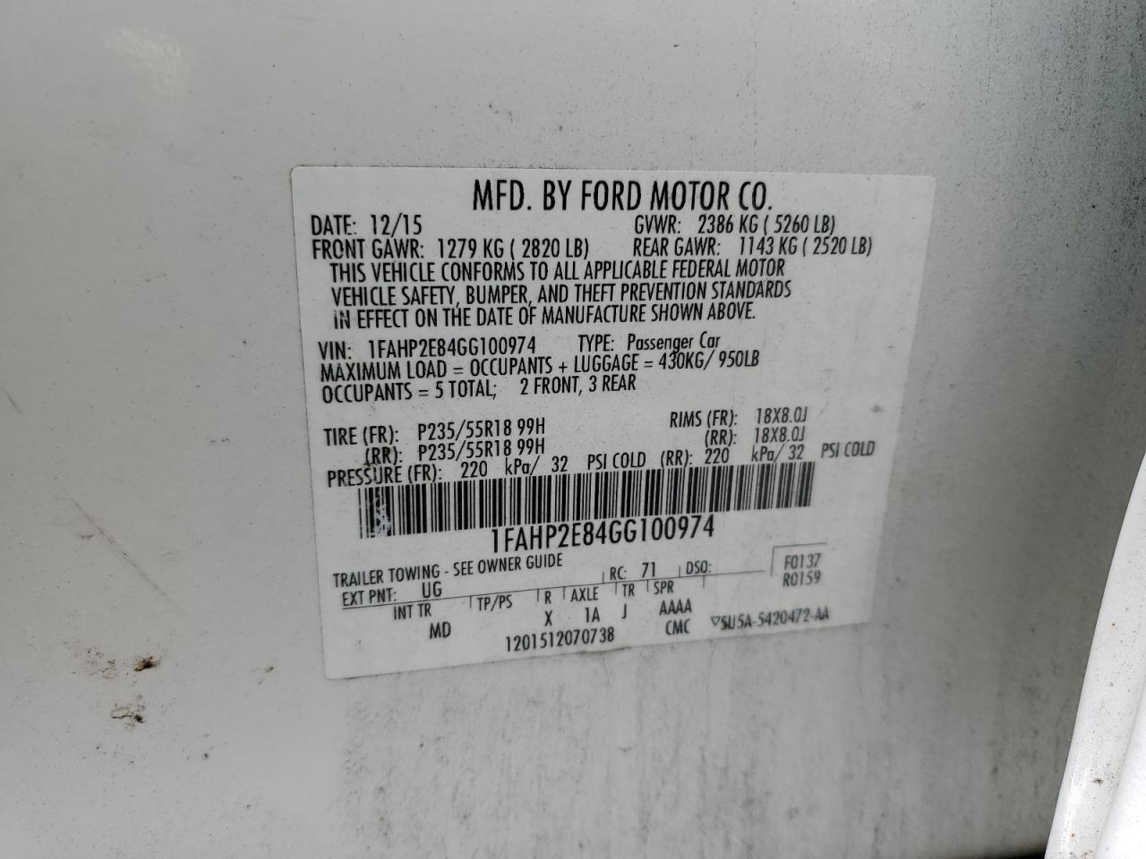 1FAHP2E84GG100974 FORD TAURUS 2016