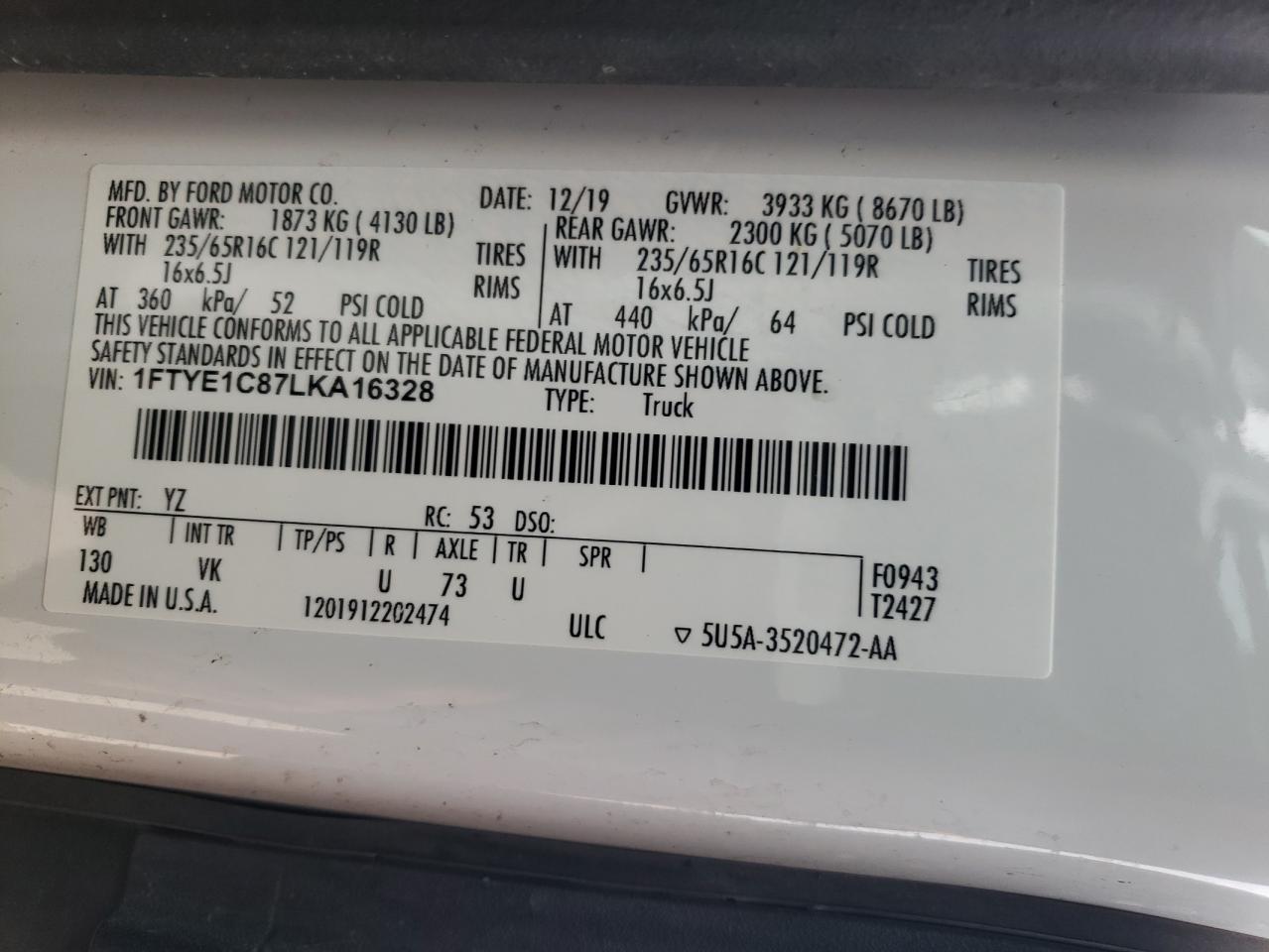 1FTYE1C87LKA16328 FORD TRANSIT 2020