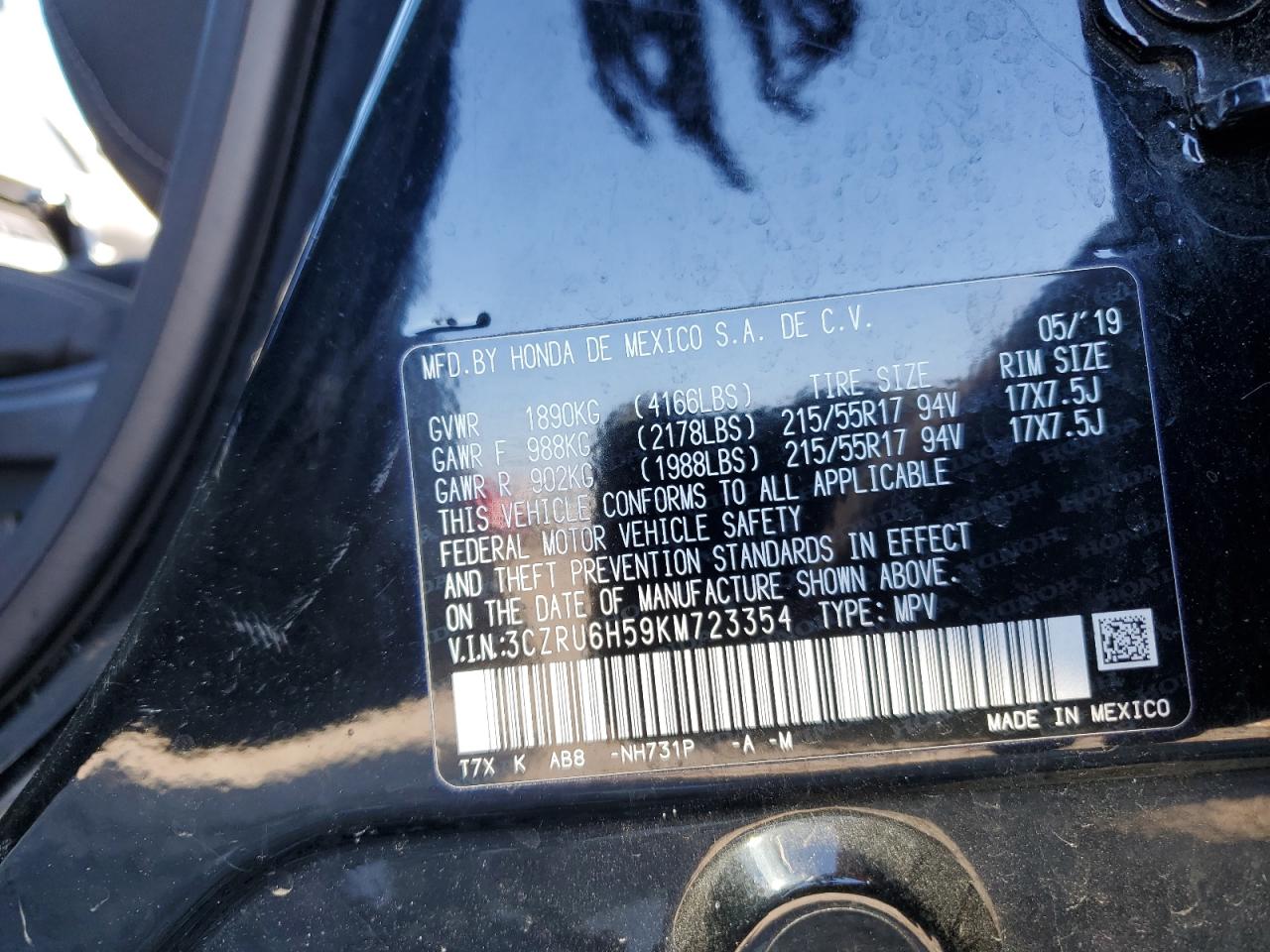 3CZRU6H59KM723354 HONDA HR-V 2019