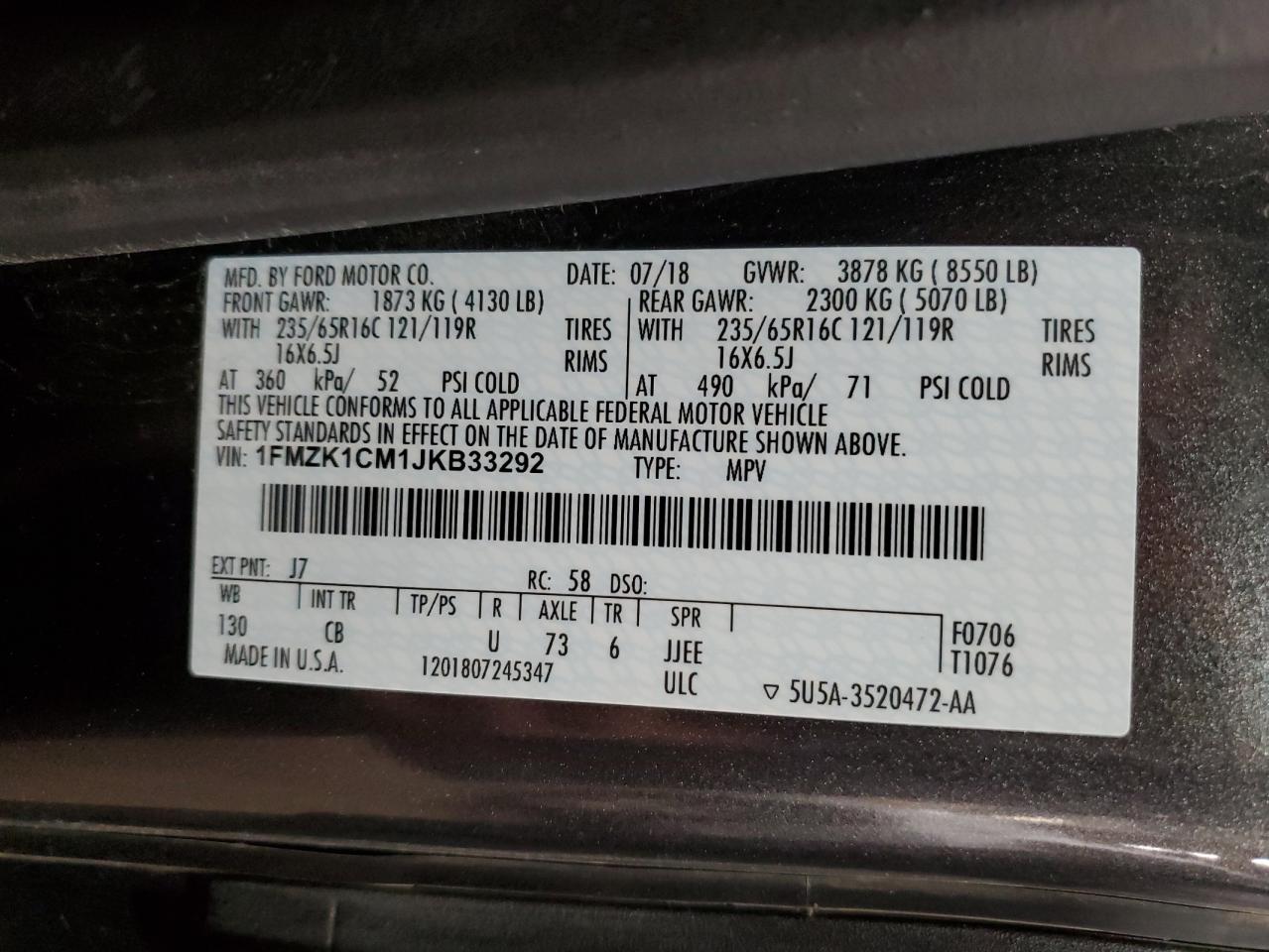 1FMZK1CM1JKB33292 FORD ALL Models 2018