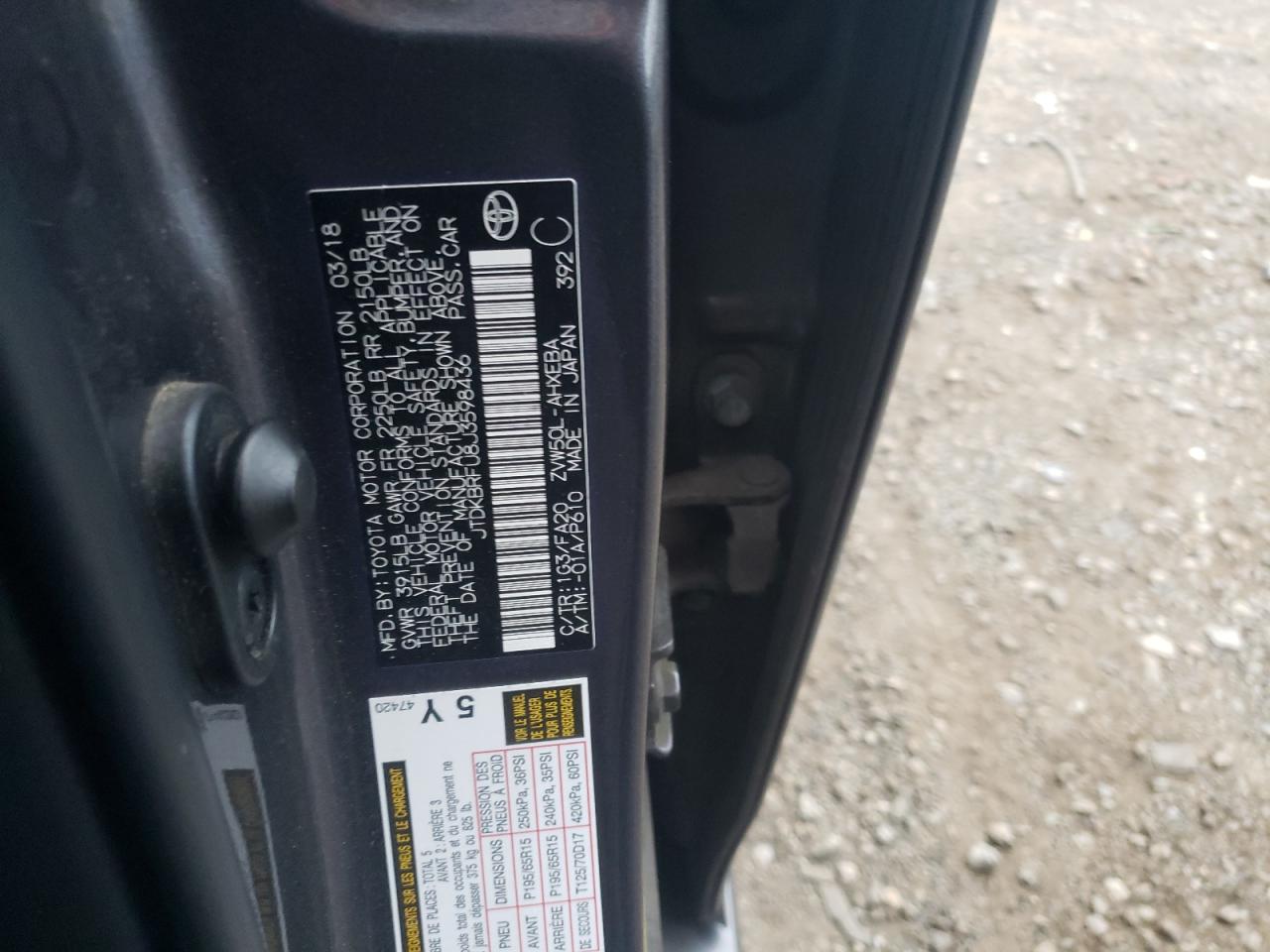 JTDKBRFU8J3598436 TOYOTA PRIUS 2018
