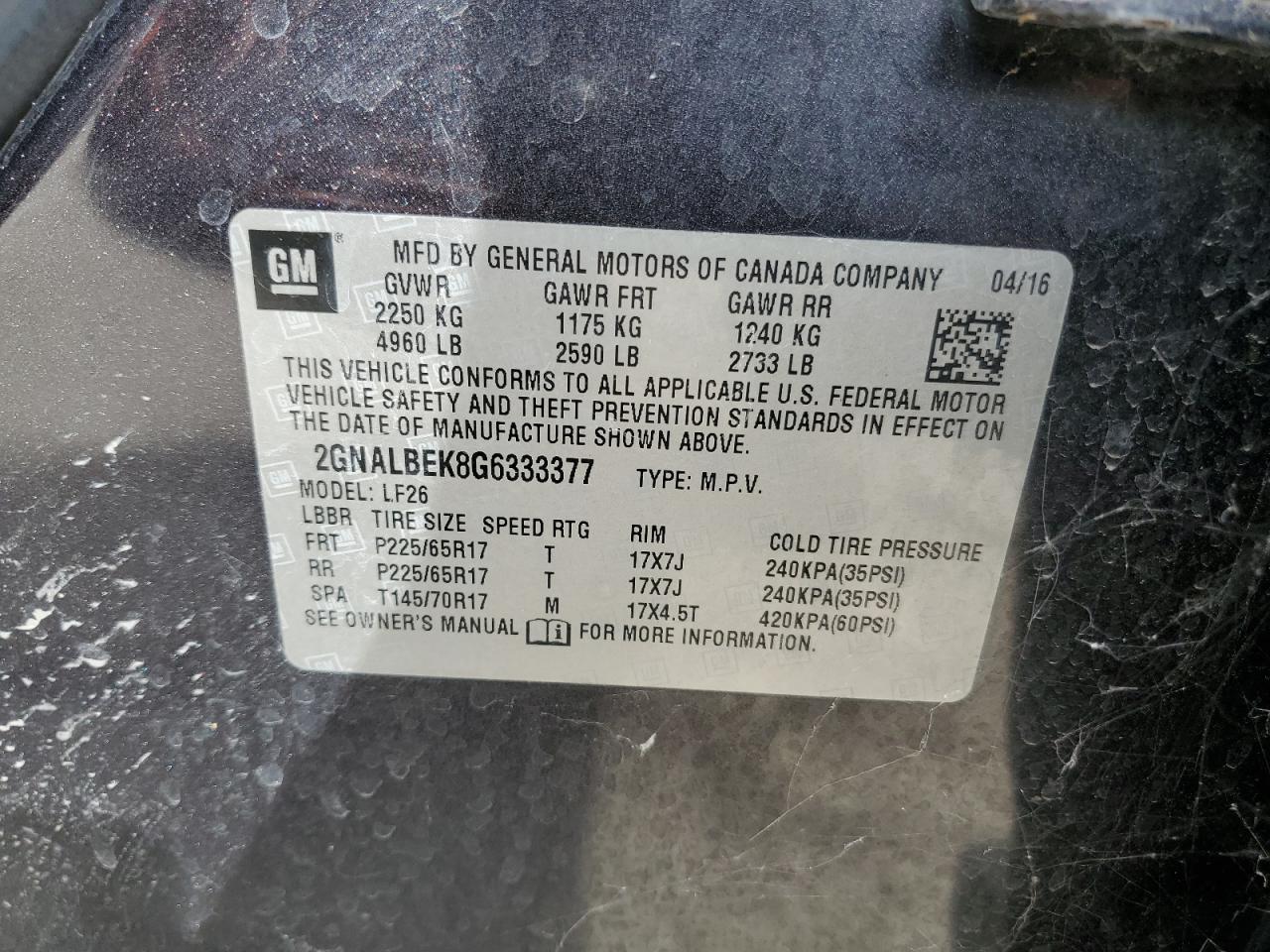 2GNALBEK8G6333377 CHEVROLET EQUINOX 2016