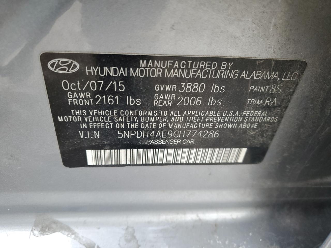 5NPDH4AE9GH774286 HYUNDAI ELANTRA 2016