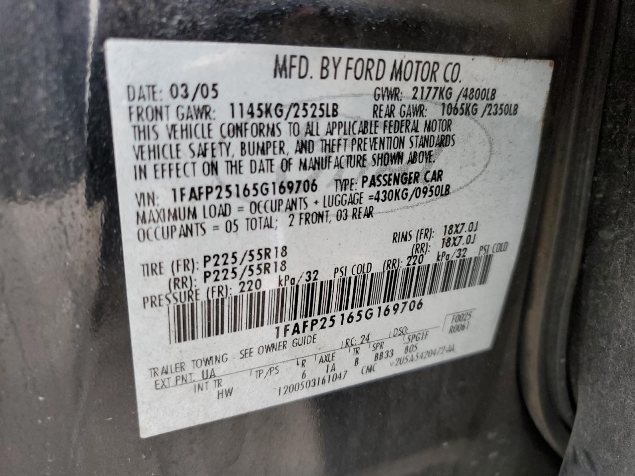 1FAFP25165G169706 2005 Ford Five Hundred Limited