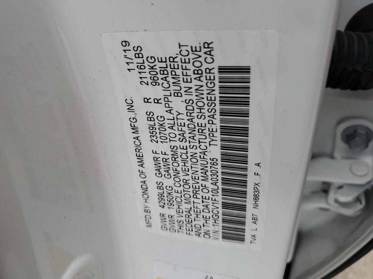 1HGCV1F10LA030765 HONDA ACCORD 2020