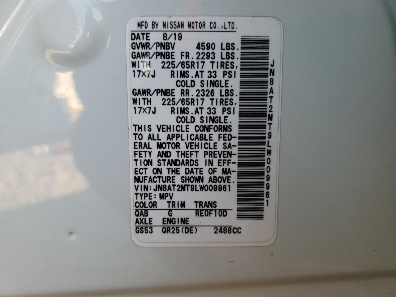 JN8AT2MT9LW009961 NISSAN ROGUE 2020
