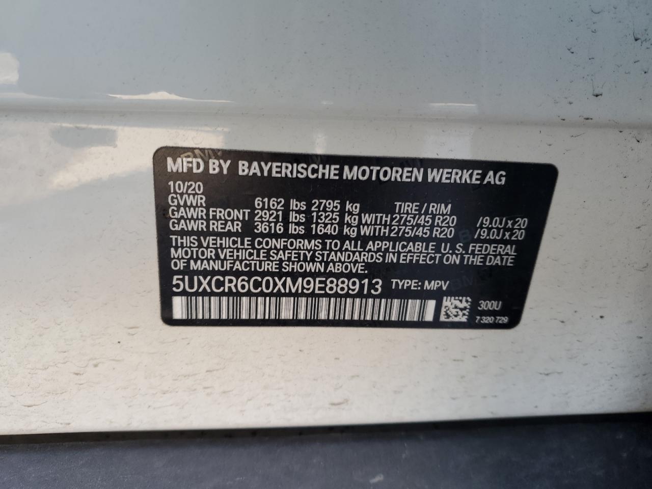 2021 BMW X5 Xdrive4 3.0L(VIN: 5UXCR6C0XM9E88913