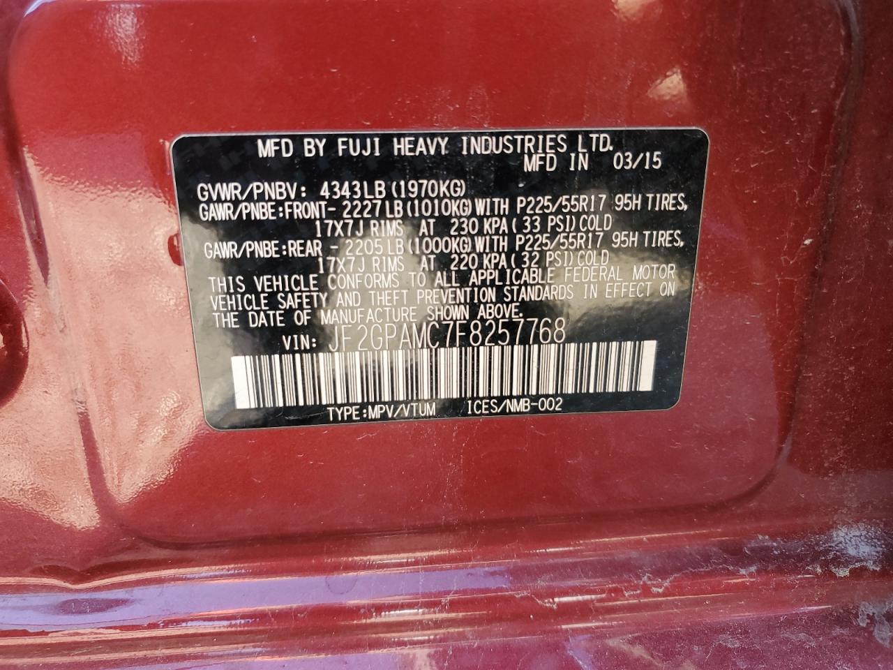 jf2gpamc7f8257768 JF2GPAMC7F8257768 2015 Subaru Xv Crosstrek 2.0 Limited