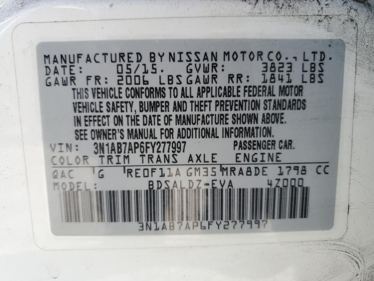 3N1AB7AP6FY277997 2015 Nissan Sentra S